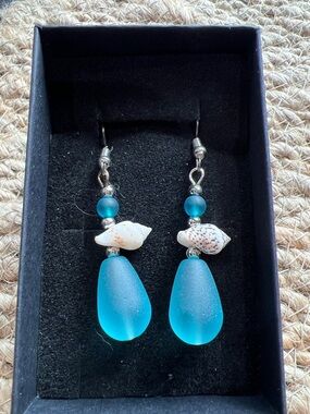 Turquoise Sea Glass Drop Earrings with Shell Accents